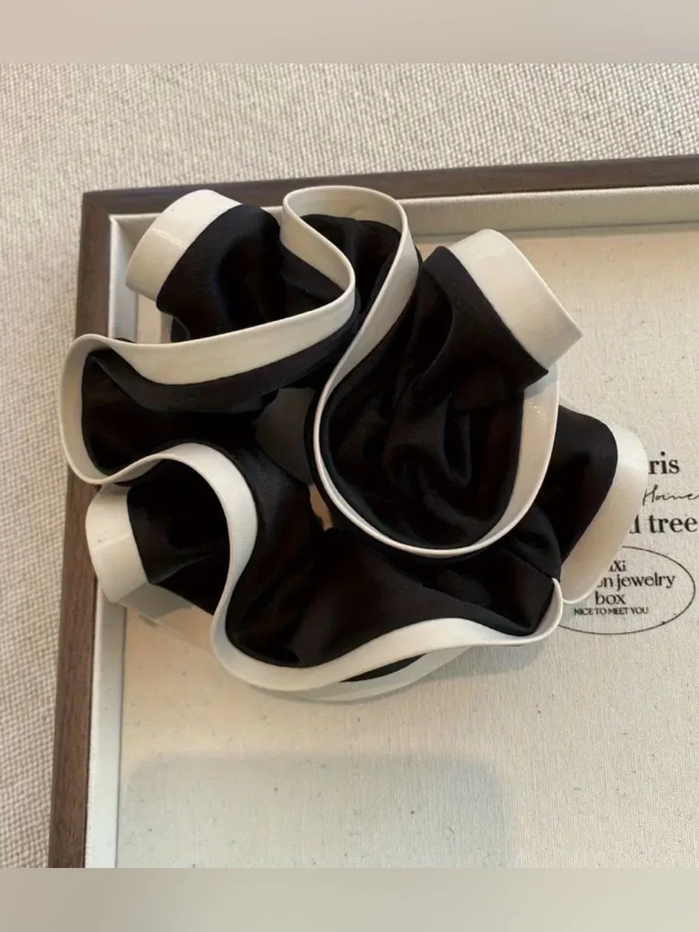 Silk-Look Black and Ivory Trim Scrunchie Hair Tie Accessory Camellia